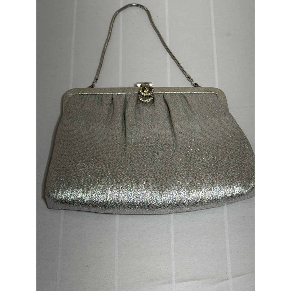 Vintage Ande Silver Glitter Evening Bag Rhinestone Clasp Metallic Clutch
